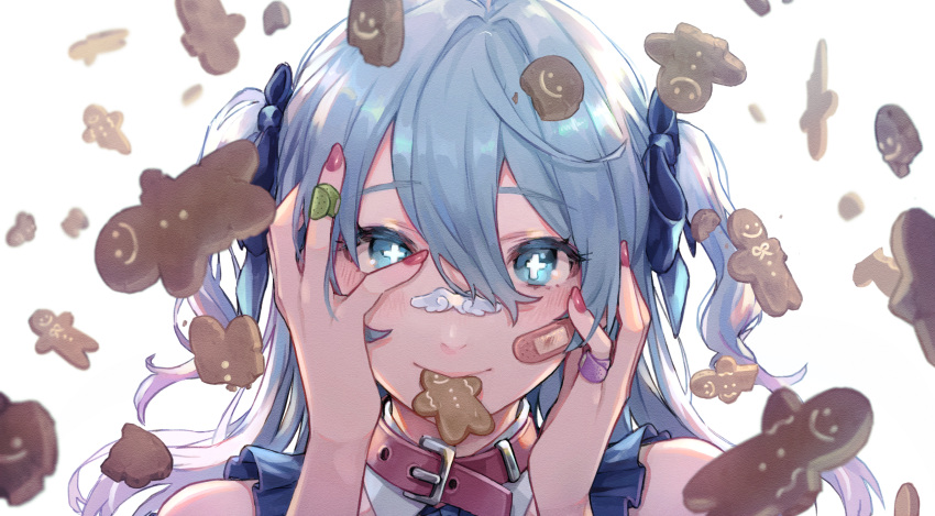 +_+ 1girl backlighting bandaid_on_cheek bandaid_on_finger bangs bare_shoulders belt_collar blue_eyes blue_hair blush closed_mouth collar commentary_request eyebrows_visible_through_hair food_in_mouth gingerbread_man hair_between_eyes hands_on_own_face hands_up highres long_hair looking_at_viewer mouth_hold nail_polish original portrait red_collar red_nails saino simple_background sleeveless smile solo two_side_up white_background