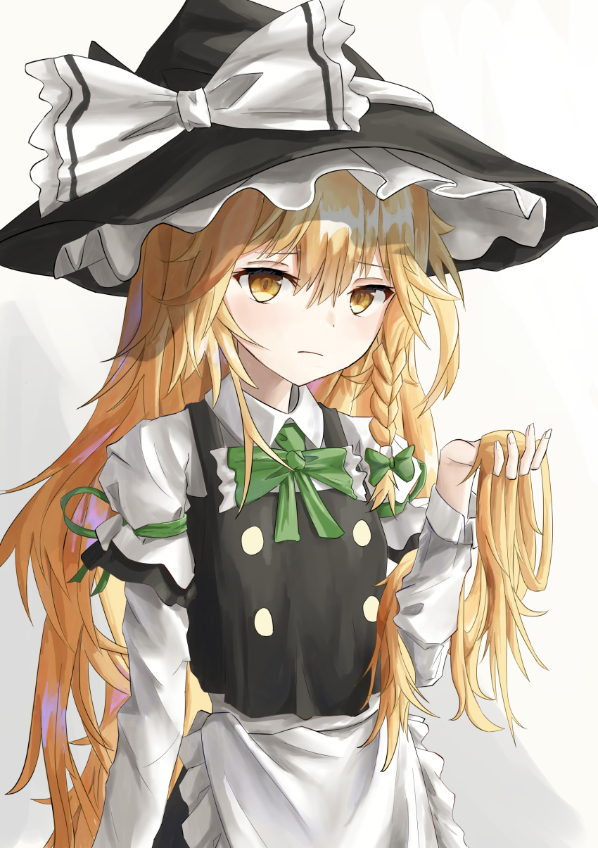 1girl absurdres apron bangs black_dress blonde_hair bow braid buttons dress eyebrows_visible_through_hair frilled_dress frills hat hat_bow highres holding holding_hair kirisame_marisa long_hair long_sleeves looking_at_viewer side_braid single_braid solo suzukichi touhou waist_apron white_bow witch_hat yellow_eyes