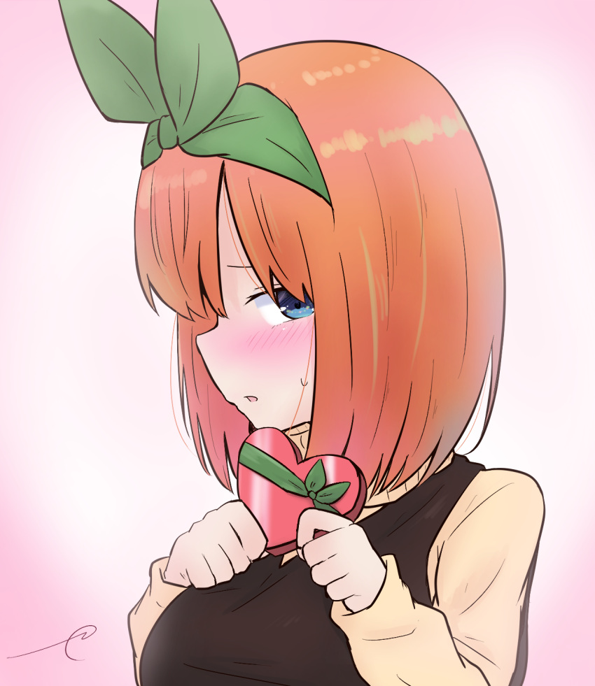 1girl bangs blue_eyes blush box breasts brown_sweater eyebrows_behind_hair gift gift_box go-toubun_no_hanayome green_ribbon hair_ribbon hands_up heart-shaped_box highres holding holding_gift kujou_karasuma long_sleeves medium_breasts nakano_yotsuba orange_hair parted_lips profile ribbon short_hair signature sleeves_past_wrists solo sweat sweater sweater_vest turtleneck turtleneck_sweater upper_body