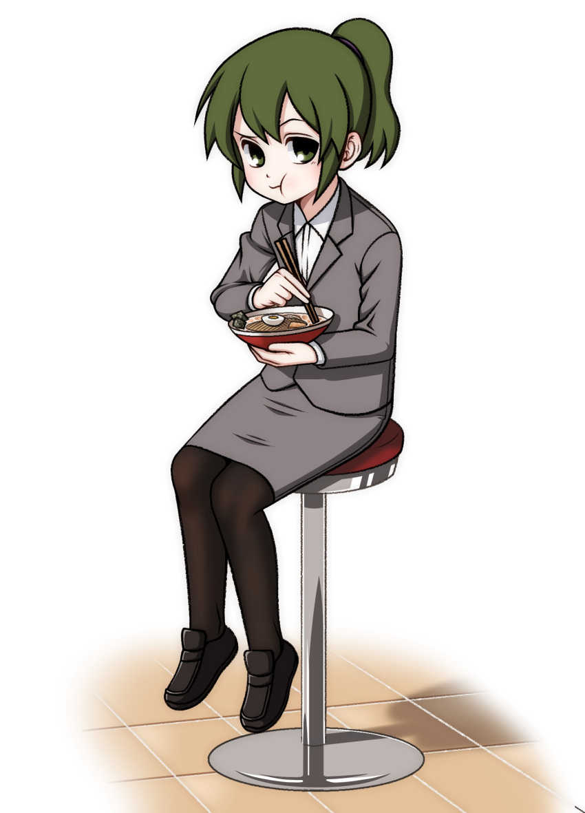 1girl black_footwear black_legwear blush bowl chopsticks eating eron food full_body green_eyes green_hair highres holding holding_bowl igarashi_futaba_(shiromanta) medium_hair noodles office_lady pantyhose pencil_skirt ponytail ramen senpai_ga_uzai_kouhai_no_hanashi shoes short_ponytail simple_background sitting skirt stool white_background