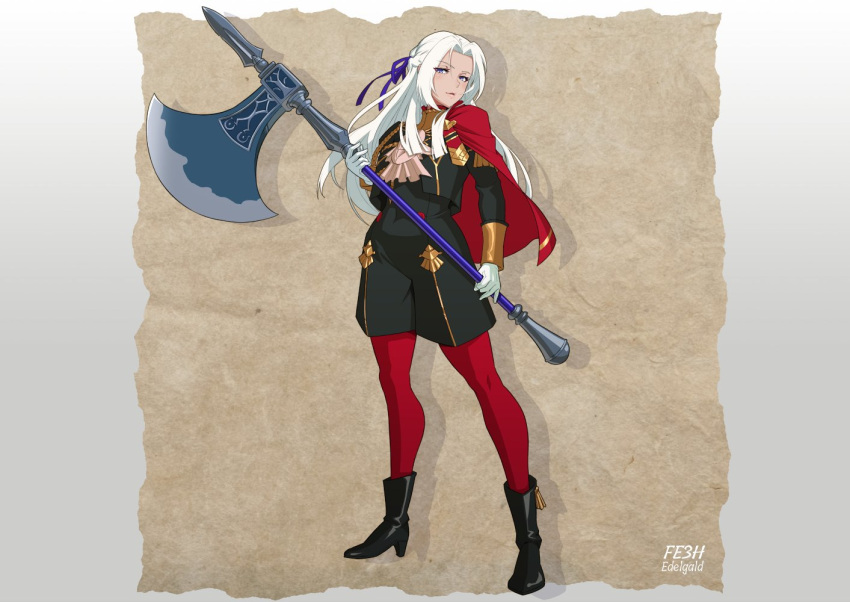 1girl ankle_boots axe black_footwear blonde_hair boots cape character_name commentary_request copyright_name edelgard_von_hresvelg fire_emblem fire_emblem:_three_houses garreg_mach_monastery_uniform gloves hair_ribbon high_heels holding holding_axe long_hair long_sleeves mikoyan pantyhose parted_lips red_cape red_legwear ribbon simple_background solo uniform violet_eyes white_gloves