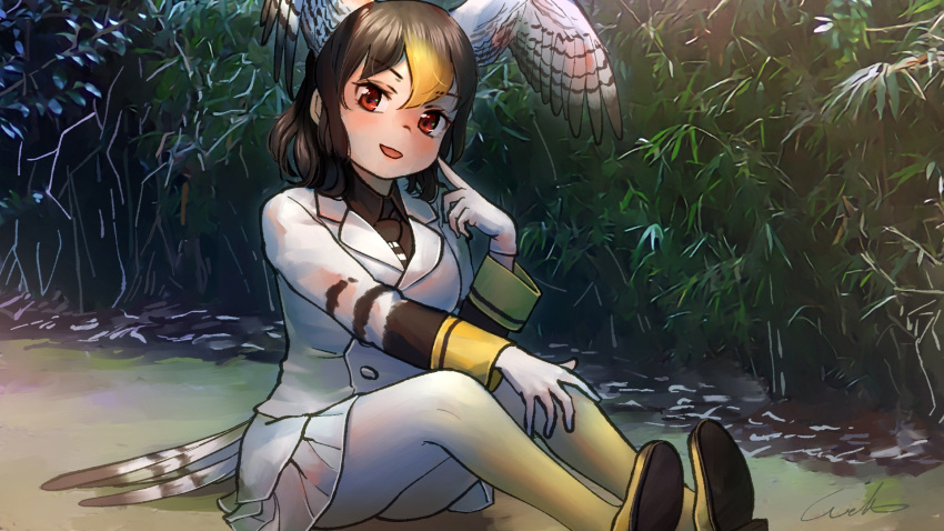 1girl :d bangs bird_tail black_hair black_shirt blonde_hair commentary day eyebrows_visible_through_hair gloves gradient gradient_legwear hand_on_own_knee head_tilt head_wings highres jacket kemono_friends long_sleeves looking_at_viewer medium_hair multicolored_hair northern_goshawk_(kemono_friends) on_ground open_mouth outdoors pantyhose pointing pointing_at_self red_eyes shirt shoes signature sitting smile solo welt_(kinsei_koutenkyoku) white_gloves white_jacket yellow_footwear