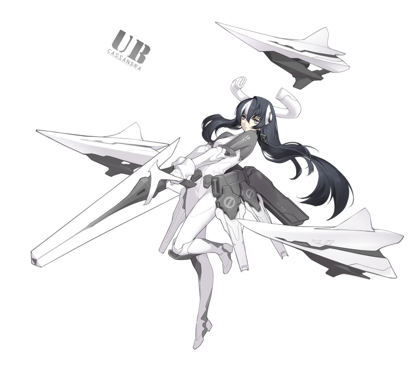1girl black_hair eyebrows_visible_through_hair floating gloves grey_eyes gun highres holding holding_gun holding_weapon long_hair multicolored multicolored_hair original science_fiction sdr1989 simple_background solo weapon white_background white_gloves white_hair