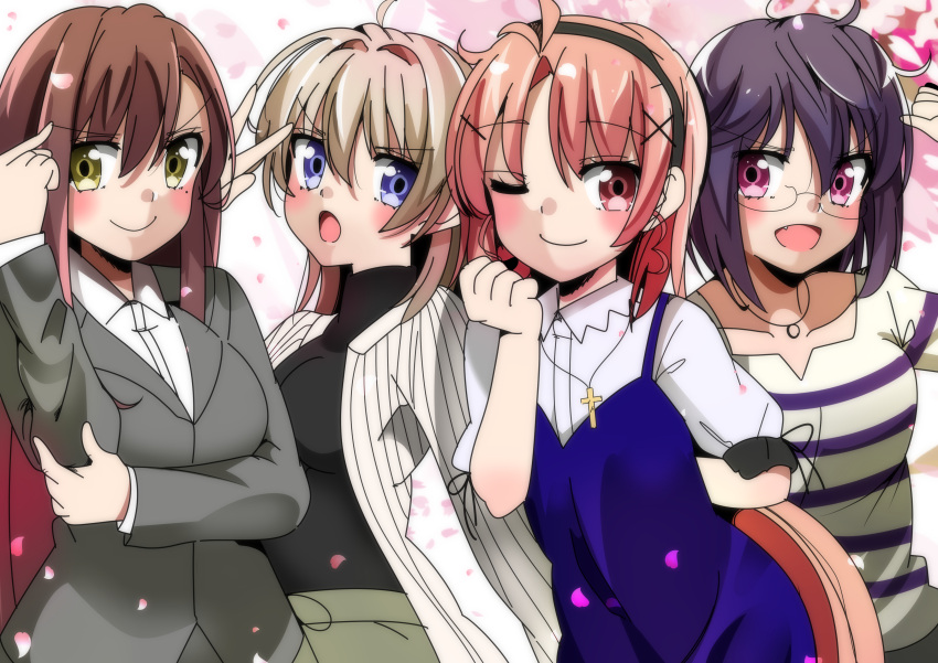 4girls absurdres ahoge alternate_hair_length alternate_hairstyle bangs blue_eyes blush brown_eyes brown_hair business_suit cherry_blossoms cross cross_necklace ebisuzawa_kurumi formal gakkou_gurashi! hair_ornament hairband hands_in_hair highres jewelry long_hair long_sleeves mole mole_under_eye multiple_girls naoki_miki necklace older pink_eyes pink_hair purple_hair salute shirt short_hair short_sleeves silver_hair sinakyo spoilers striped striped_shirt suit sweater takeya_yuki two-finger_salute violet_eyes wakasa_yuuri x_hair_ornament yellow_eyes