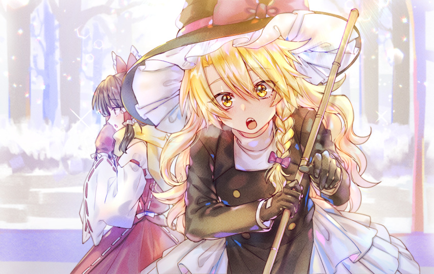 2girls apron bangs bare_shoulders black_dress black_gloves black_hair blonde_hair bow braid broom brown_eyes brown_hair buttons detached_sleeves dress frilled_bow frilled_dress frills gloves hair_bow hair_tubes hakurei_reimu hat hat_bow here_(hr_rz_ggg) kirisame_marisa long_hair long_sleeves looking_at_viewer looking_to_the_side medium_hair multiple_girls purple_bow red_bow red_gloves red_shirt ribbon-trimmed_sleeves ribbon_trim scarf shirt side_braid sleeveless sleeveless_shirt snow touhou tree waist_apron witch_hat yellow_eyes yellow_neckwear yellow_scarf