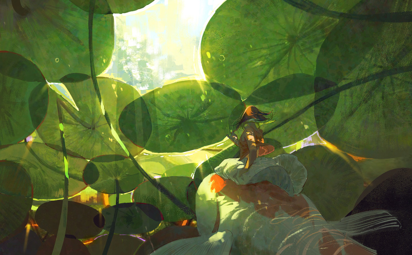 1girl birthday_wonderland brown_hair bubble fish floating floating_clothes floating_hair highres lily_pad long_hair long_skirt orange_shirt pixiescout riding shirt skirt sleeveless solo underwater white_skirt