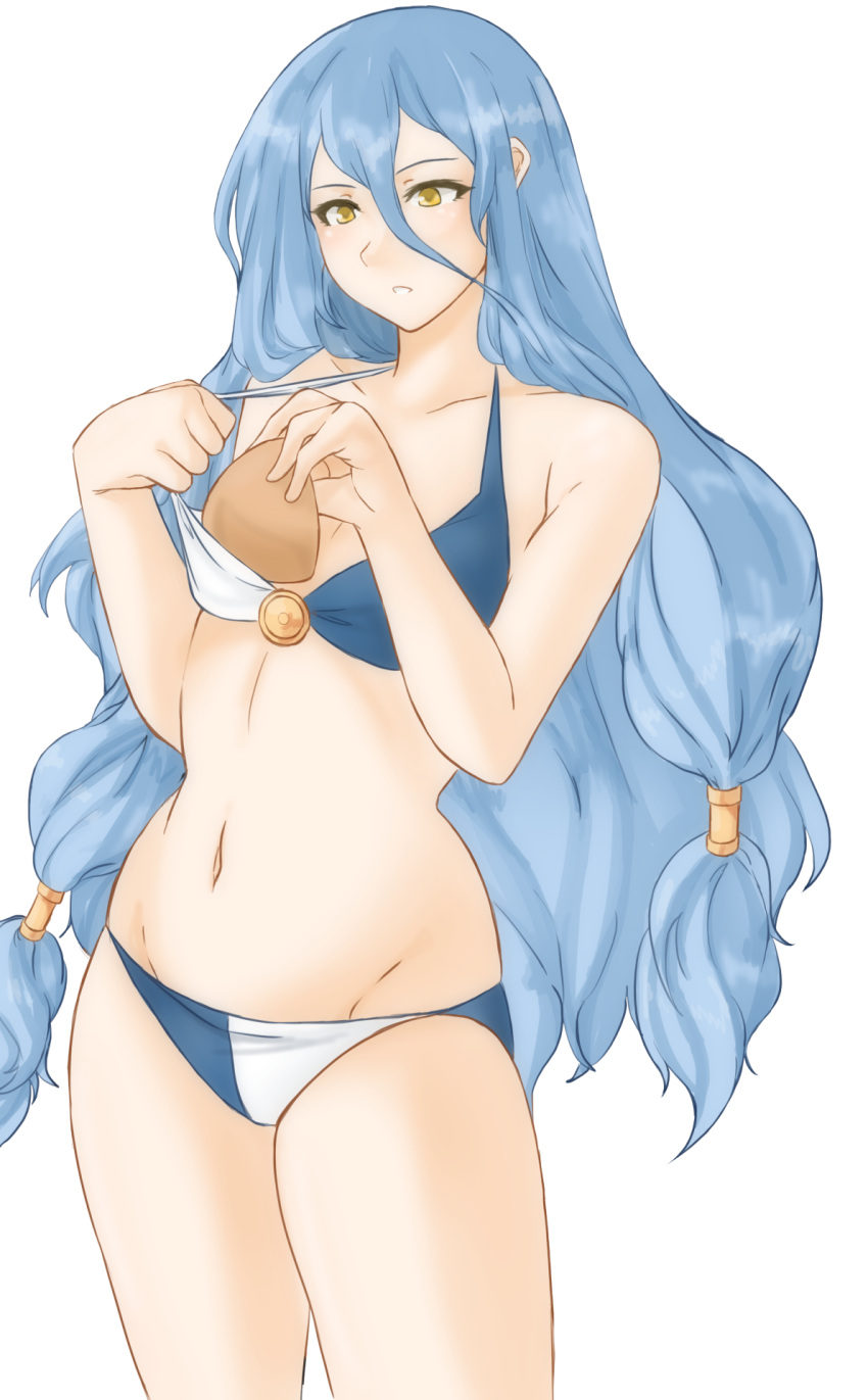1girl aqua_(fire_emblem_if) azura_(fire_emblem) bare_shoulders bikini blue_hair blush breast_padding breasts collarbone curvy cute facing_to_the_side fire_emblem fire_emblem_14 fire_emblem_fates fire_emblem_heroes fire_emblem_if frown hair_between_eyes hair_ornament highres intelligent_systems light_blue_hair light_blush long_hair looking_at_breasts navel nintendo parted_lips patch small_breasts solo swimsuit thighs transparent_background tridisart very_long_hair yellow_eyes
