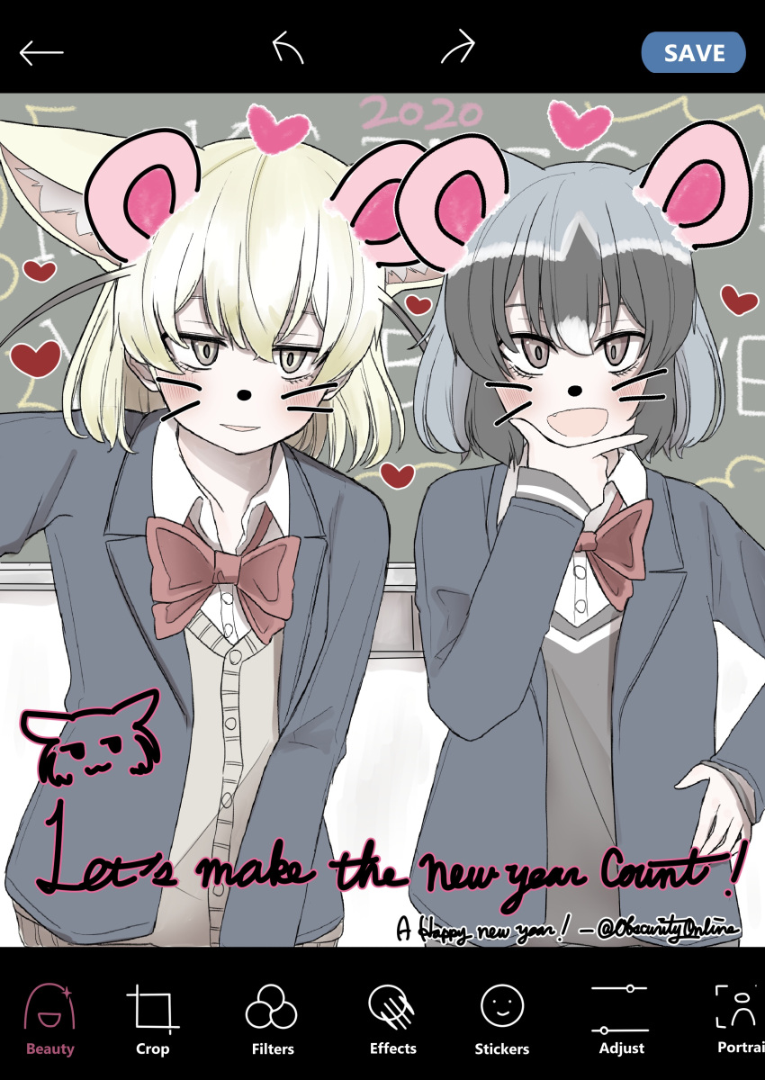 2020 2girls absurdres alternate_costume animal_ears artist_name black_hair blonde_hair blush bow bowtie brown_eyes cardigan chin_stroking common_raccoon_(kemono_friends) face_filter fang fennec_(kemono_friends) fox_ears grey_hair happy_new_year heart highres kemono_friends long_sleeves multicolored_hair multiple_girls new_year open_mouth parted_lips phone_screen raccoon_ears red_bow red_neckwear school_uniform shio_butter_(obscurityonline) short_hair smile twitter_username white_hair