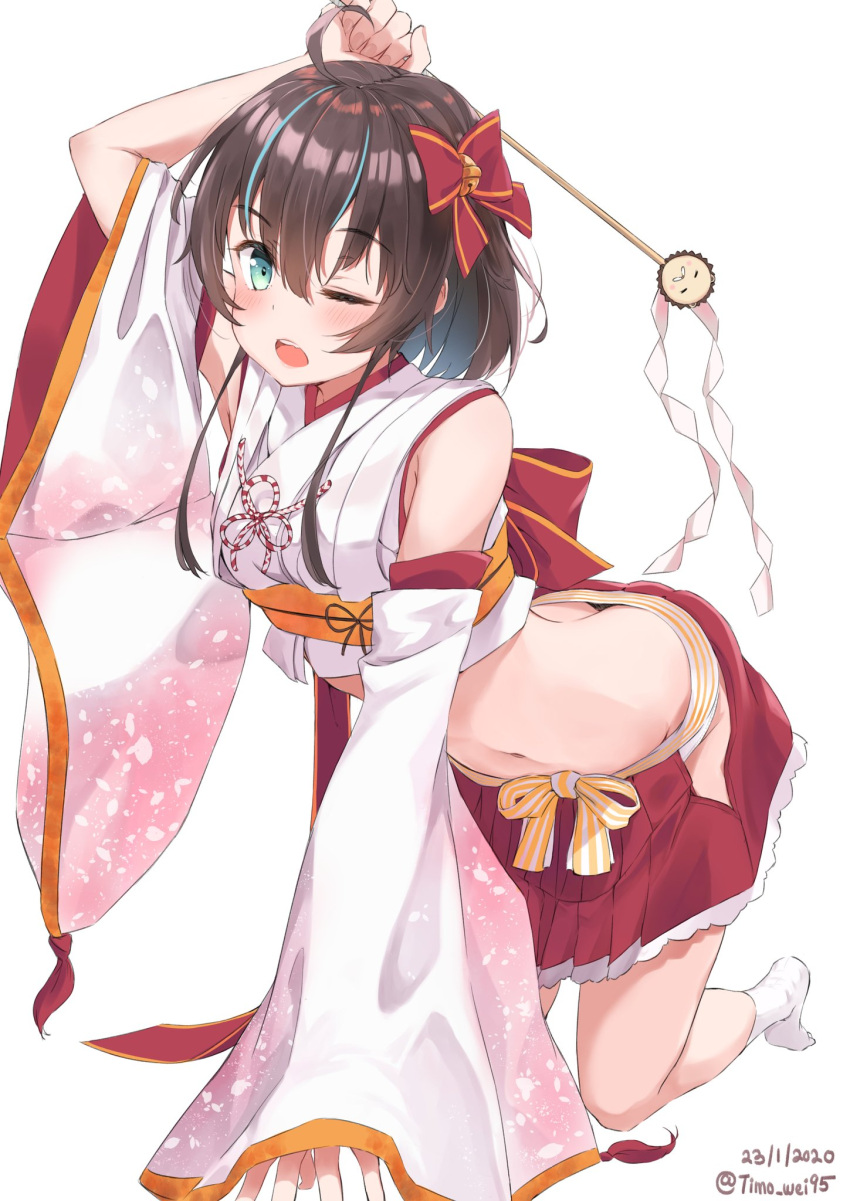 1girl ahoge ass blush brown_hair dated detached_sleeves gohei green_eyes groin highres holding hololive midriff natsuiro_matsuri navel nontraditional_miko one_eye_closed open_mouth panties side_ponytail simple_background solo timo_wei95 twitter_username underwear virtual_youtuber white_background white_panties wide_sleeves