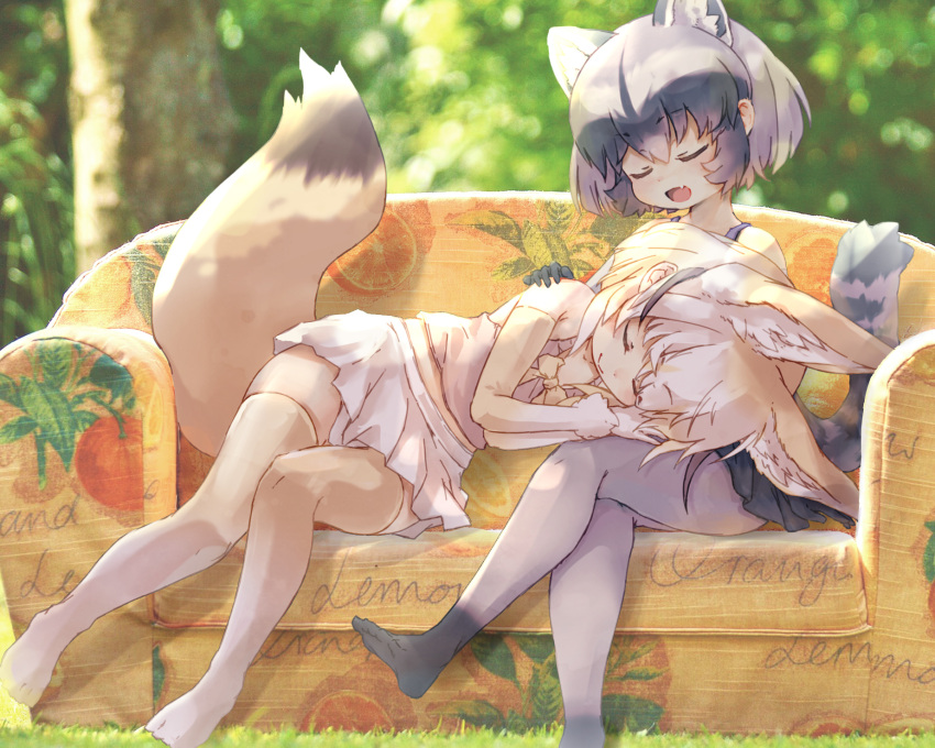 2girls adapted_costume animal_ears bare_shoulders black_skirt blonde_hair bow bowtie closed_eyes common_raccoon_(kemono_friends) couch elbow_gloves extra_ears eyebrows_visible_through_hair fang fennec_(kemono_friends) fox_ears fox_girl fox_tail fur_trim gloves gradient gradient_legwear grey_hair grey_legwear grey_shirt hand_on_another's_shoulder highres kemono_friends kolshica lap_pillow midriff multicolored_hair multiple_girls no_shoes open_mouth pink_shirt pink_skirt pleated_skirt raccoon_ears raccoon_girl raccoon_tail shirt short_hair sitting skirt sleeveless tail tank_top thigh-highs white_hair white_legwear yellow_legwear yellow_neckwear zettai_ryouiki