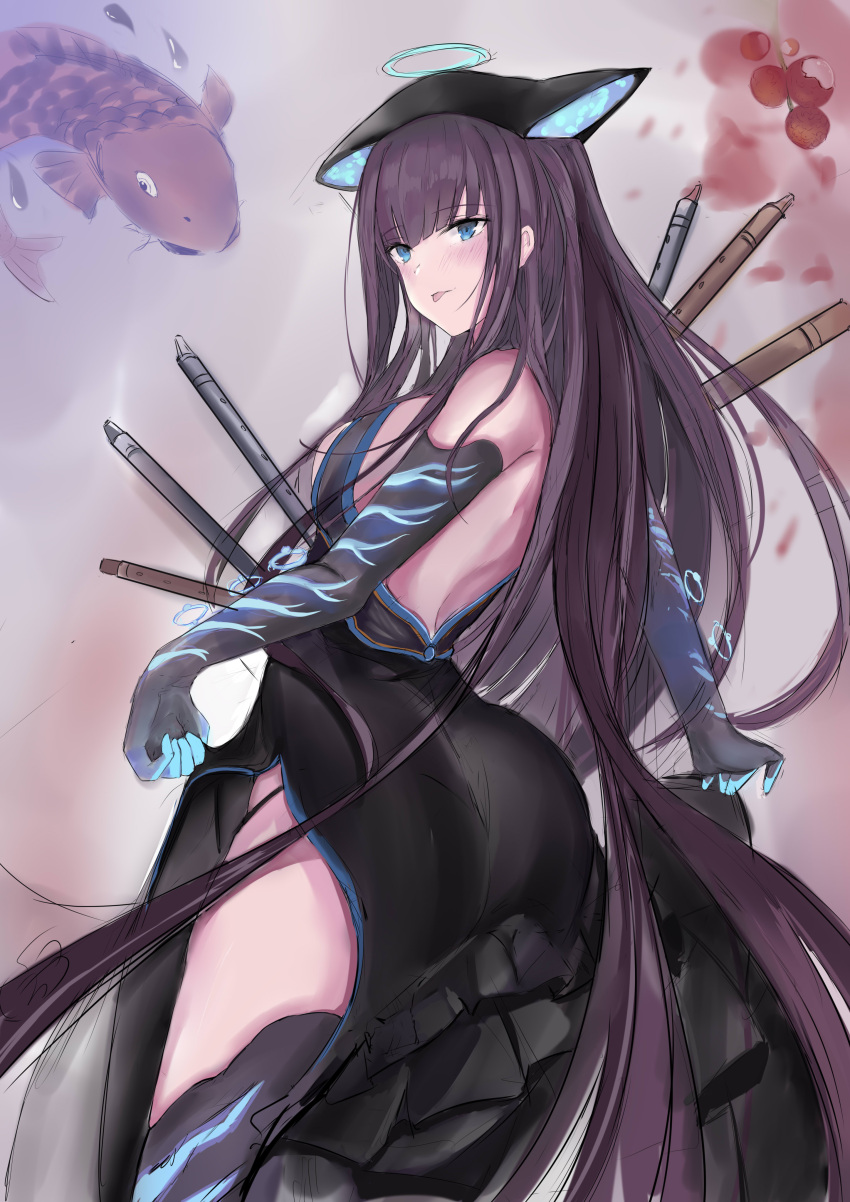1girl absurdres artist_request ass back bangs bare_shoulders black_dress black_gloves black_headwear black_legwear blue_eyes blunt_bangs blush breasts closed_mouth curtsey dress elbow_gloves fate/grand_order fate_(series) fish flute gloves grey_background halo highres instrument large_breasts long_hair looking_at_viewer looking_back lychee purple_hair smile solo thigh-highs thighs tongue tongue_out very_long_hair yang_guifei_(fate/grand_order)