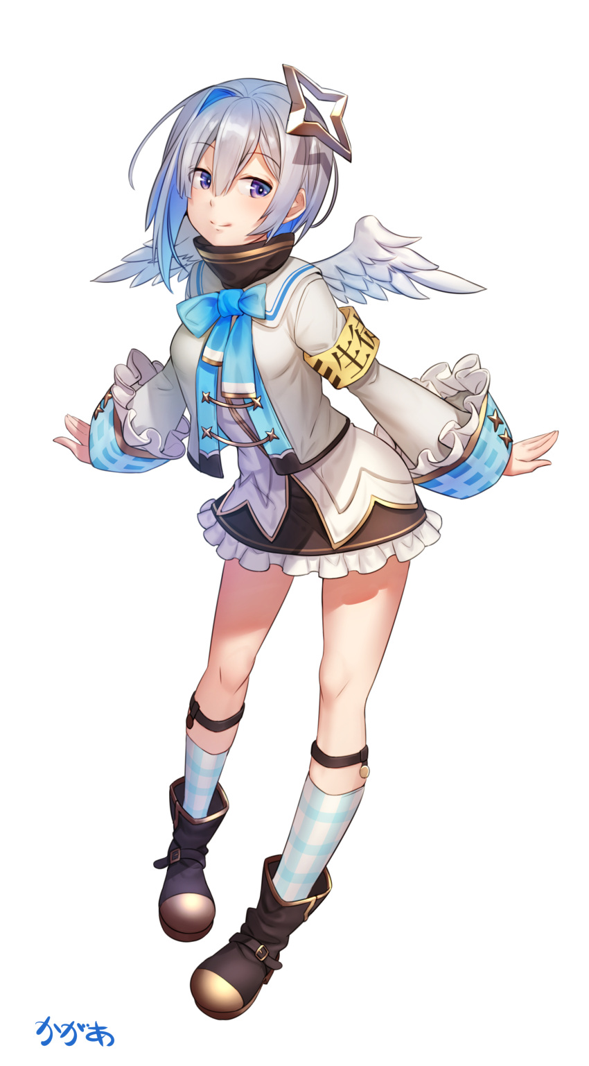 1girl absurdres amane_kanata angel_wings armband arms_at_sides arpeggio_kaga breasts commentary_request full_body highres hololive ribbon school_uniform short_hair signature silver_hair simple_background smile solo violet_eyes virtual_youtuber white_background wings