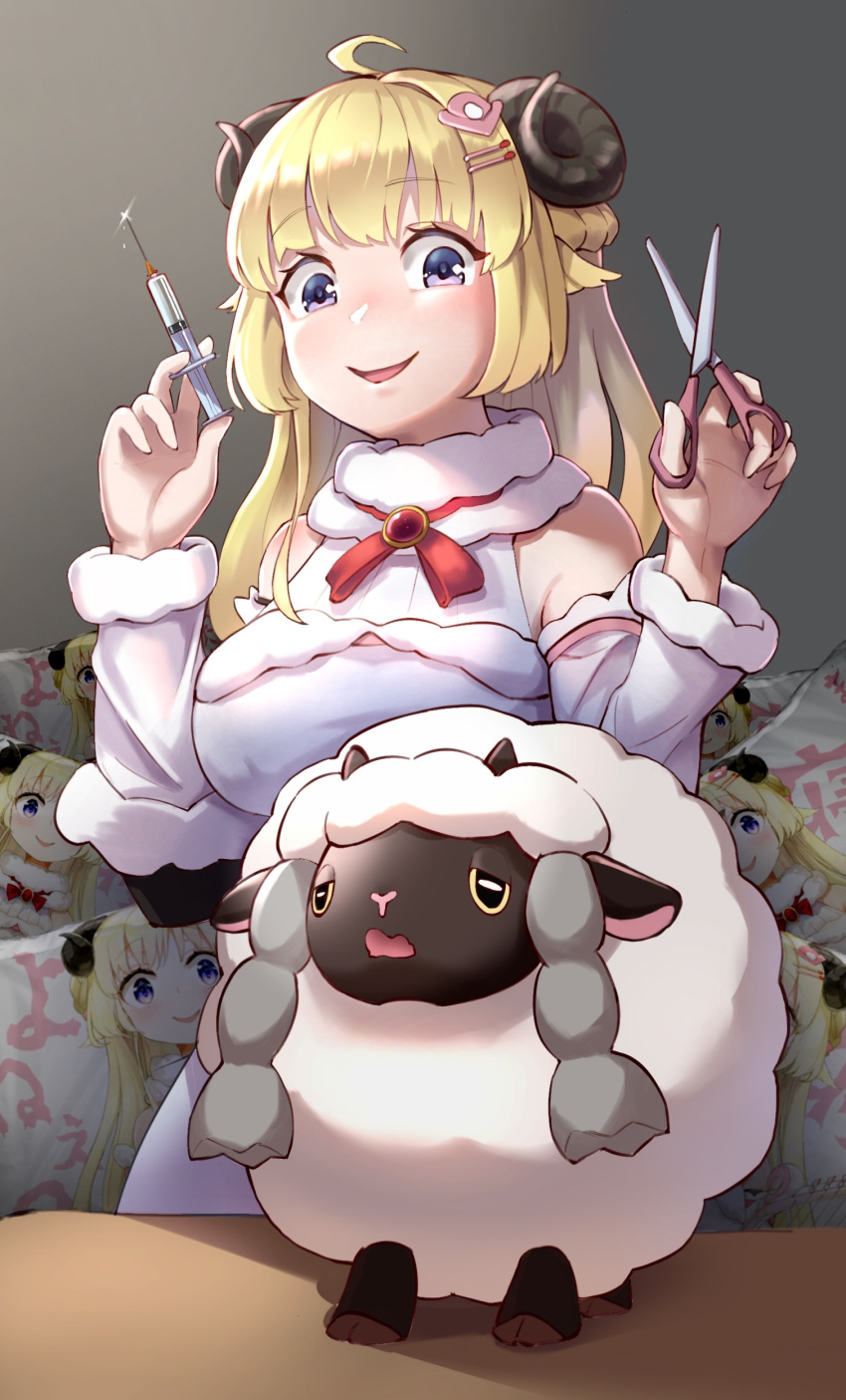 1girl absurdres blonde_hair blue_eyes breasts commentary_request crossover detached_sleeves gen_8_pokemon hair_ornament hairclip highres hololive horns joeychen large_breasts long_sleeves needle open_mouth pokemon pokemon_(creature) pokemon_(game) pokemon_swsh scared scissors sheep sheep_horns smile solo syringe tsunomaki_watame virtual_youtuber wooloo yandere
