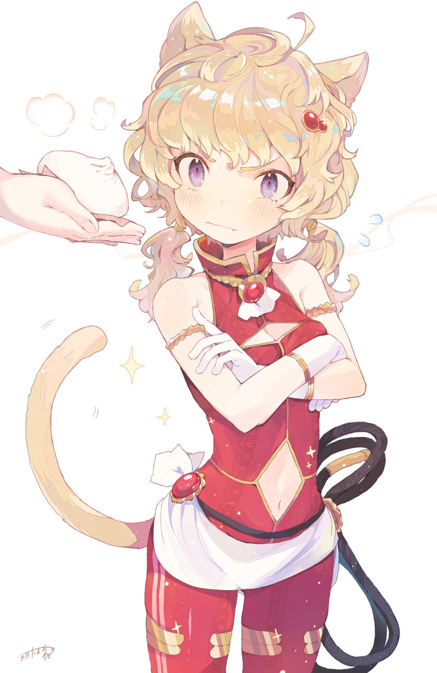 1girl animal_ears baozi blonde_hair cat_ears cat_tail cleavage_cutout crossed_arms fang food gloves hair_ornament highres holding jumpsuit navel_cutout original short_twintails sleeveless solo sparkle tail ten'non twintails violet_eyes whip white_background white_gloves