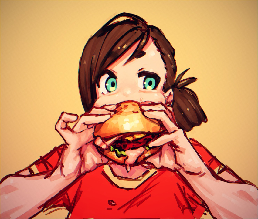 1girl aqua_eyes brown_hair covered_mouth dripping eating food hamburger highres holding holding_food irarugii original red_shirt shirt short_sleeves sketch solo upper_body yellow_background