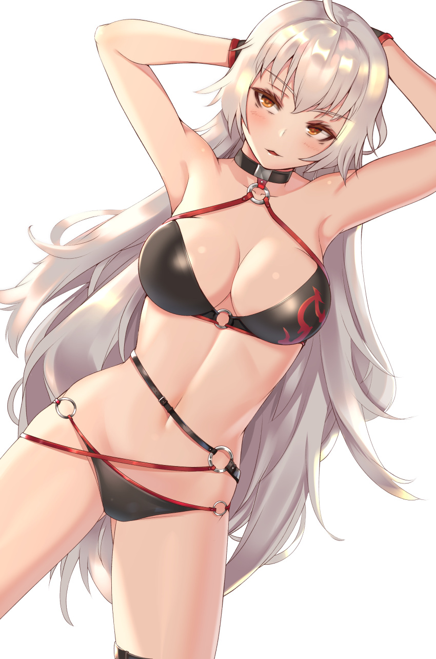 absurdres ahoge armpits arms_behind_head bikini black_bikini breasts clyde_s fate/grand_order fate_(series) highres jeanne_d'arc_(alter_swimsuit_berserker) jeanne_d'arc_(fate)_(all) large_breasts long_hair o-ring o-ring_bikini simple_background solo swimsuit thigh_strap very_long_hair white_background white_hair yellow_eyes