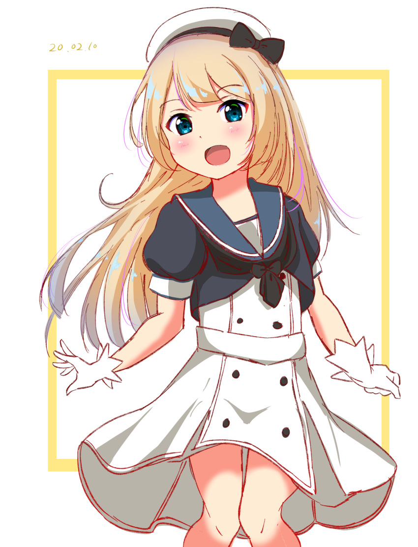 168admiral_(sunflower) 1girl absurdres blonde_hair blue_eyes blue_sailor_collar cowboy_shot dated dress gloves hat highres jervis_(kantai_collection) kantai_collection knees_together long_hair looking_at_viewer sailor_collar sailor_dress sailor_hat short_sleeves solo white_background white_dress white_gloves white_headwear