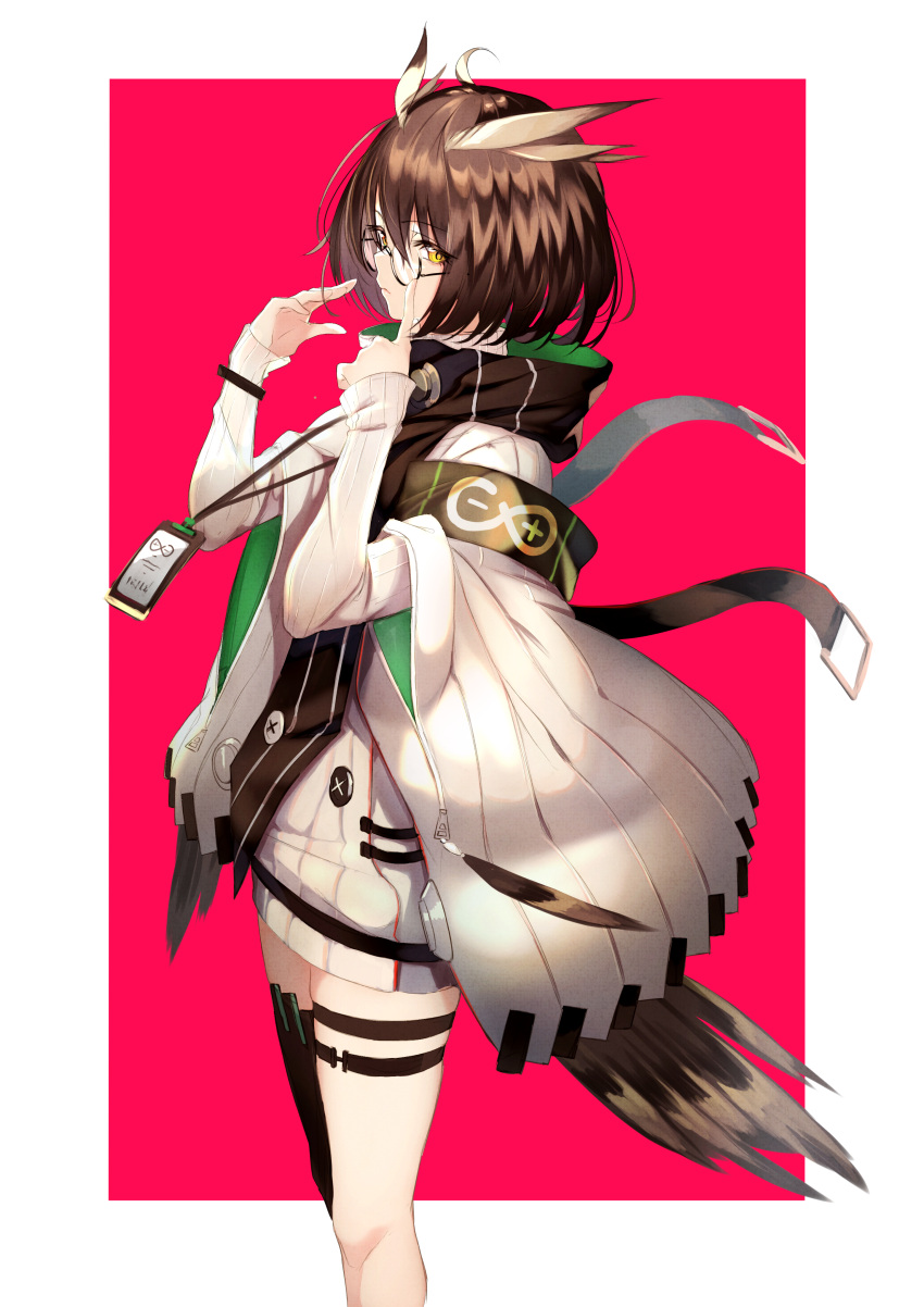 1girl absurdres ahoge arknights armband bangs black-framed_eyewear black_legwear brown_hair commentary_request dress eyebrows_visible_through_hair glasses hair_between_eyes hands_up highres homo_1121 jacket lanyard long_sleeves open_clothes open_jacket red_background rhine_lab_logo semi-rimless_eyewear short_over_long_sleeves short_sleeves silence_(arknights) single_thighhigh sleeves_past_wrists solo sweater sweater_dress tail_feathers thigh-highs two-tone_background under-rim_eyewear white_background white_jacket white_sweater wide_sleeves yellow_eyes