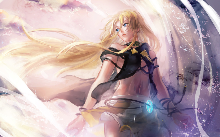 1girl black_collar blonde_hair blue_eyes bracelet cable clouds collar commentary cowboy_shot crop_top glowing jewelry lily_(vocaloid) long_hair looking_back midriff navel outdoors skirt solo very_long_hair vocaloid white_skirt yamakawa_umi