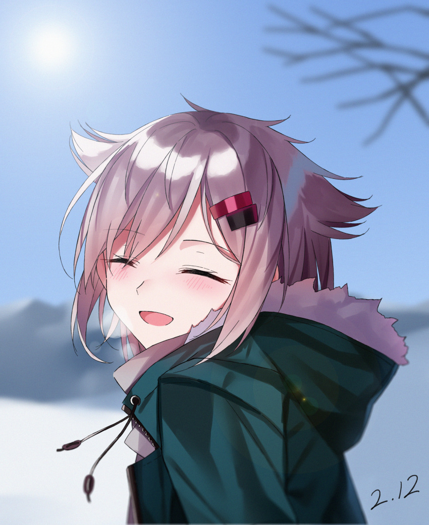 1girl azur_lane bangs blue_sky closed_eyes commentary_request dated day eyebrows_visible_through_hair from_behind fur-trimmed_jacket fur_trim green_jacket grey_hair hair_ornament hairclip highres hood hoodie jacket looking_back montpelier_(azur_lane) open_mouth outdoors portrait shokoori sky smile snow solo winter_clothes