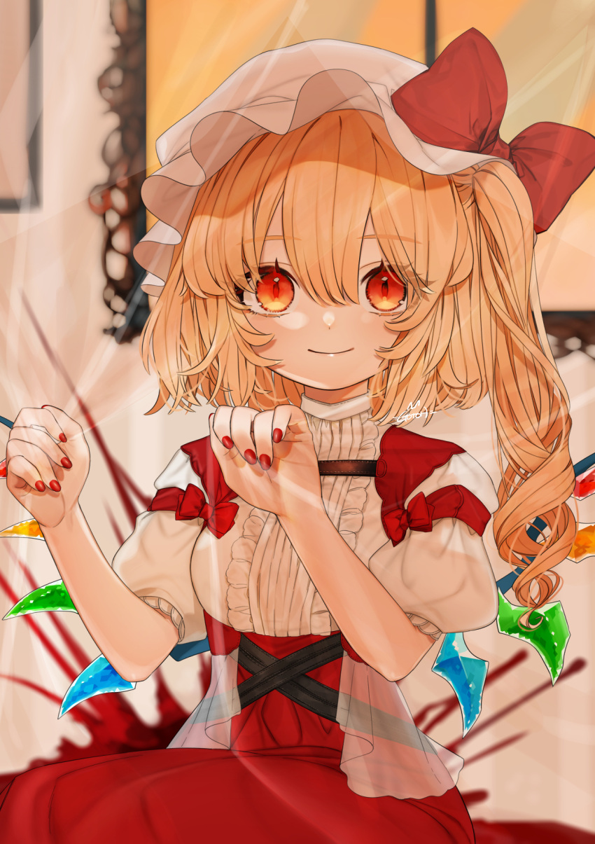 1girl bangs blonde_hair bow center_frills commentary_request crystal eyebrows_visible_through_hair flandre_scarlet gotoh510 hair_between_eyes hands_up hat hat_bow high-waist_skirt highres indoors long_hair looking_at_viewer mob_cap nail_polish one_side_up puffy_short_sleeves puffy_sleeves red_bow red_eyes red_nails red_skirt shirt short_sleeves skirt smile solo touhou upper_body white_headwear white_shirt wings