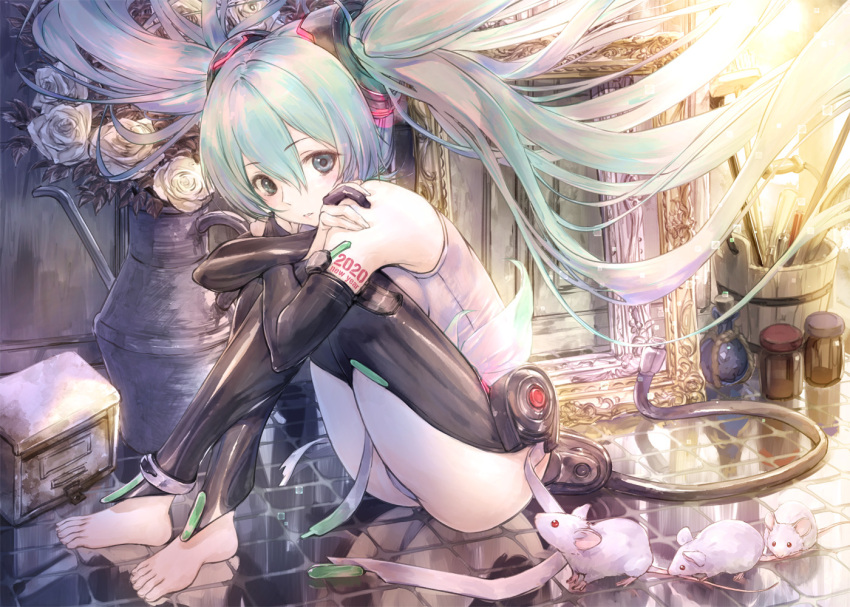 1girl albino animal bangs bare_shoulders barefoot black_gloves black_legwear bottle bucket commentary_request crossed_legs ek_masato elbow_gloves eyebrows_visible_through_hair flower gloves glowing green_eyes green_hair hair_between_eyes hair_ornament hatsune_miku indoors knees_up leg_hug leotard long_hair looking_at_viewer mouse parted_lips partly_fingerless_gloves picture_frame reflection rose sitting solo tail twintails very_long_hair vocaloid white_flower white_leotard white_rose