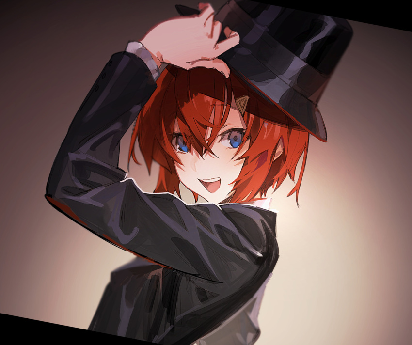 1girl :d ange_katrina blue_eyes commentary_request eyebrows_visible_through_hair formal gradient gradient_background hair_between_eyes hair_ornament hand_on_headwear hat highres kawaguchi_(mojacome) nijisanji open_mouth redhead short_hair sketch smile solo sugar_song_and_bitter_step suit trilby upper_body virtual_youtuber