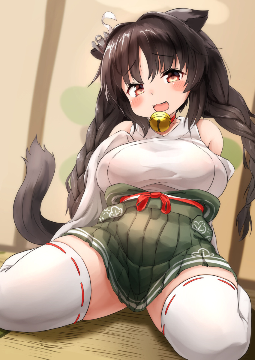 1girl :d absurdres anchor_hair_ornament animal_ears azur_lane bangs bare_shoulders bell bell_choker black_hair blurry blurry_background blush braid breasts brown_eyes choker commentary_request depth_of_field detached_sleeves eyebrows_visible_through_hair fang green_skirt hair_intakes hair_ornament highres japanese_clothes jingle_bell kimono kyabe_tsuka large_breasts long_hair long_sleeves looking_at_viewer on_floor ooshio_(azur_lane) open_mouth pleated_skirt red_choker ribbon-trimmed_legwear ribbon_trim sitting skirt sleeveless sleeveless_kimono sleeves_past_fingers sleeves_past_wrists smile solo tail thigh-highs thighs twin_braids twintails very_long_hair wariza white_kimono white_legwear white_sleeves