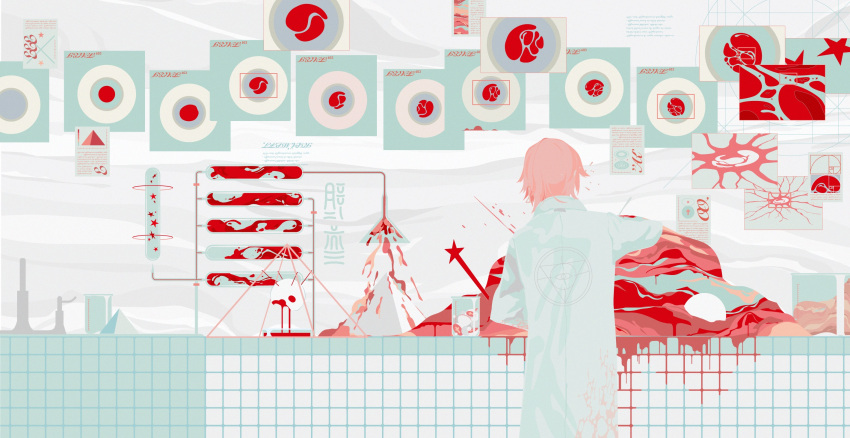 ambiguous_gender blood blood_splatter chemistry dripping facing_away food from_behind golden_rectangle highres labcoat meat original paper pink_hair punch6789 pyramid solo star upper_body