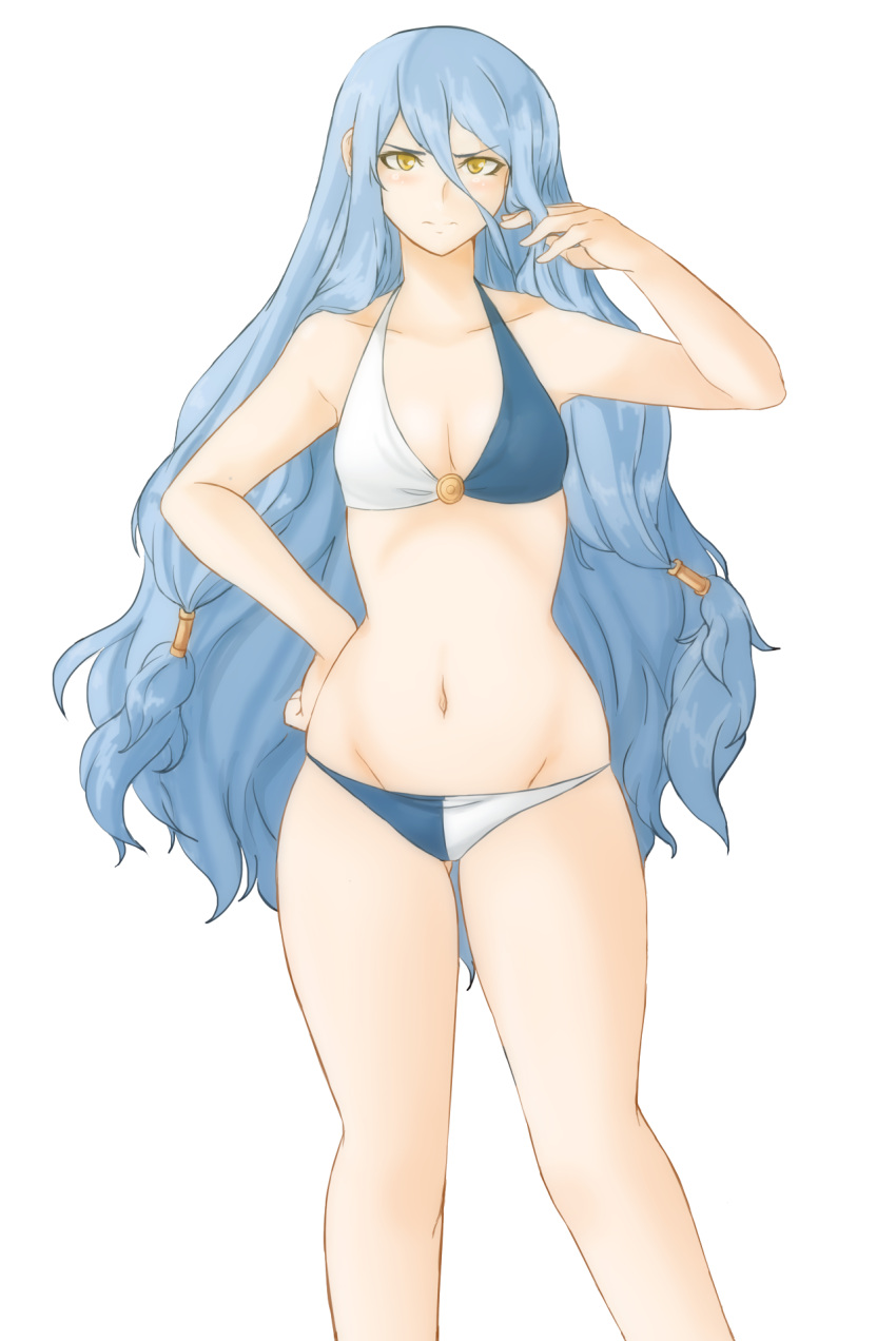 1girl angry aqua_(fire_emblem_if) ass_visible_through_thighs azura_(fire_emblem) bare_shoulders bikini blue_hair blush breasts closed_mouth collarbone curvy disappointed eyebrows_visible_through_hair facing_viewer fire_emblem fire_emblem_14 fire_emblem_fates fire_emblem_heroes fire_emblem_if frown hair_between_eyes hair_ornament hand_on_hip highres holding holding_hair intelligent_systems light_blue_hair light_blush long_hair looking_at_viewer navel nintendo scowl small_breasts solo swimsuit thighs transparent_background tridisart tsundere very_long_hair yellow_eyes