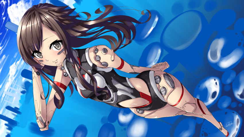 1girl absurdres android arm_behind_back brown_eyes brown_hair clouds cloudy_sky commentary_request eyebrows_visible_through_hair full_body hand_on_own_cheek highres i.takashi long_hair looking_at_viewer original robot_joints signature sky smile