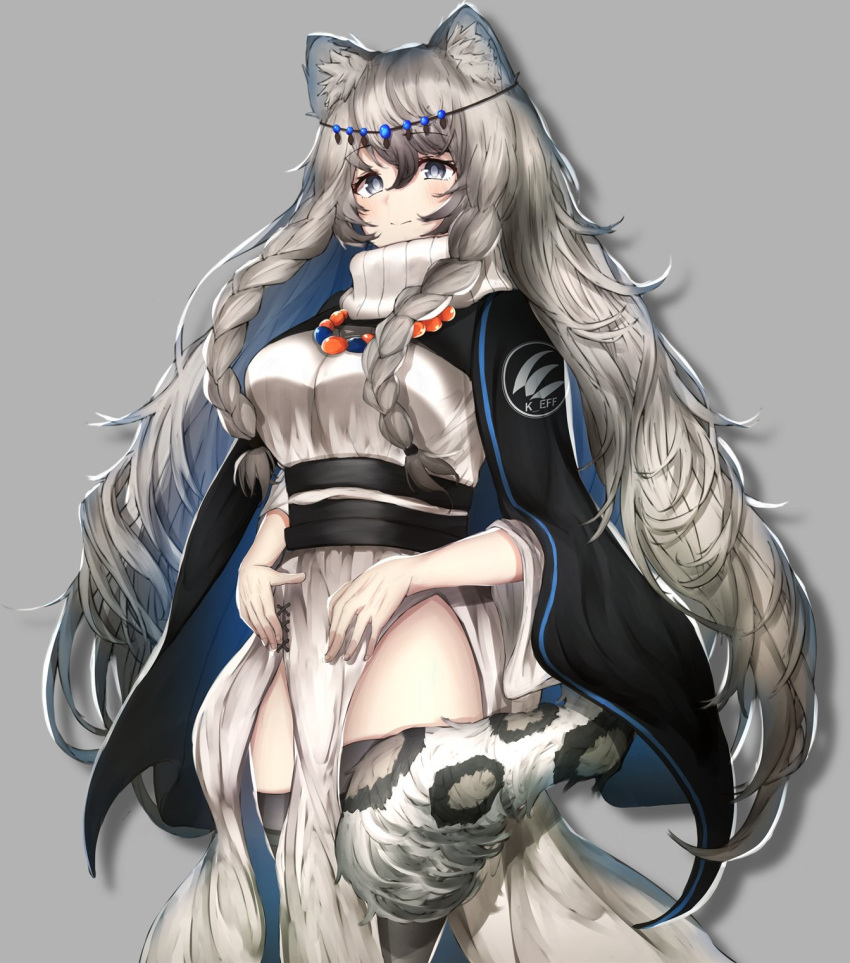 1girl animal_ears animal_print arknights black_cape braid breasts cape commentary_request cowboy_shot grey_background grey_eyes grey_hair grey_legwear highres jewelry large_breasts leopard_ears leopard_print leopard_tail long_hair looking_away necklace nidaime_(doronbo) pramanix_(arknights) side_braids simple_background solo tail thigh-highs turtleneck_dress