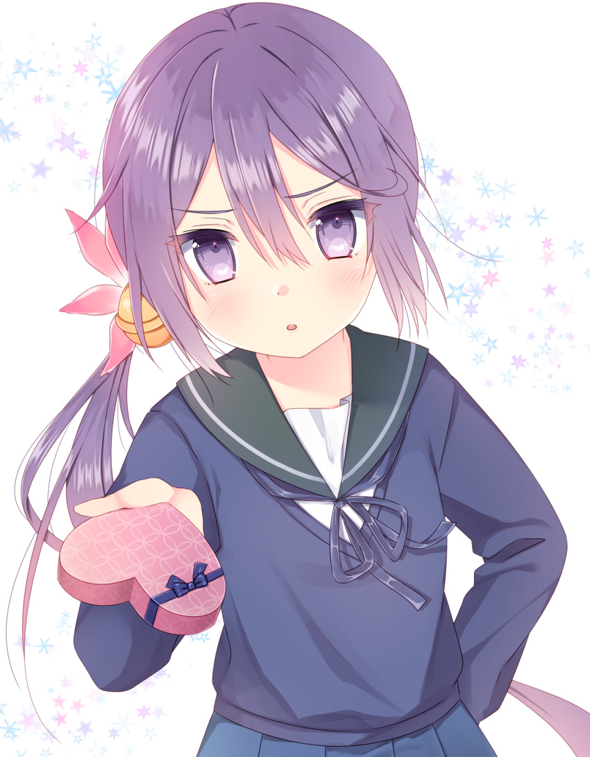 1girl akebono_(kantai_collection) bell black_sailor_collar blue_skirt blush cardigan commentary_request flower gift hair_bell hair_flower hair_ornament highres holding holding_gift jingle_bell kantai_collection long_hair long_sleeves parted_lips pink_flower pleated_skirt purple_cardigan purple_hair sailor_collar school_uniform serafuku side_ponytail skirt solo valentine violet_eyes yuuzaki