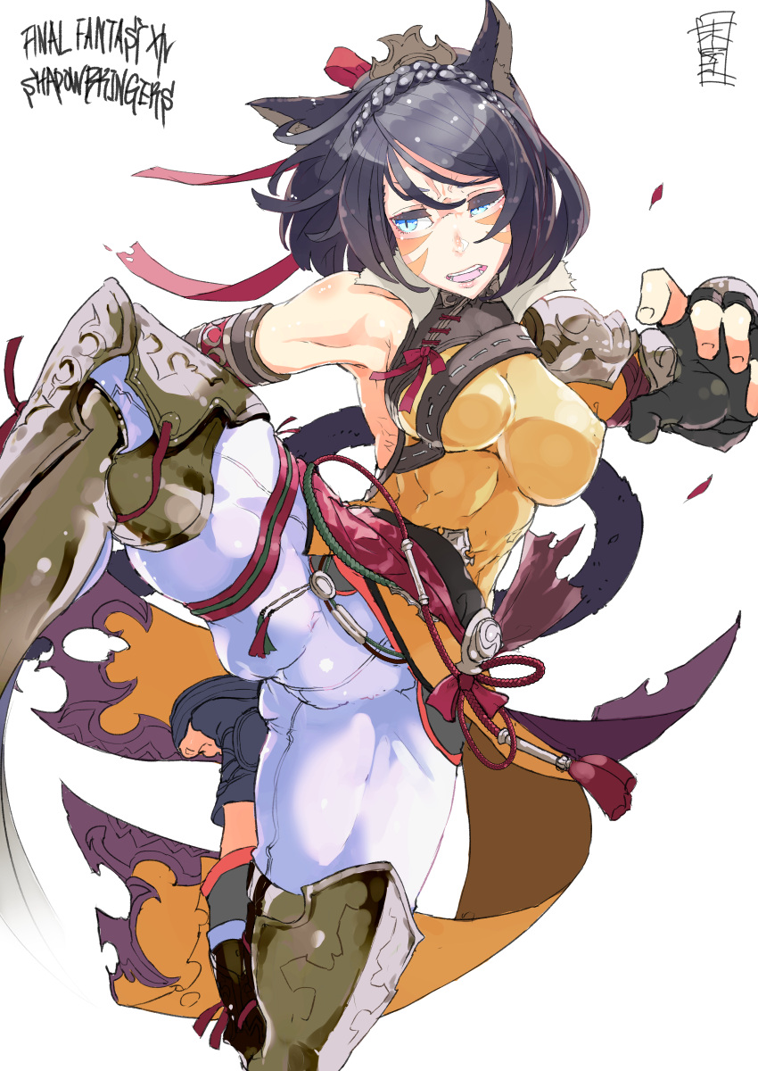 1girl absurdres animal_ears armor armpits asymmetrical_clothes attack bare_shoulders black_hair blue_eyes braid breasts cat_ears cat_girl cat_tail covered_nipples crotch_seam crown_braid facial_mark fictional_persona final_fantasy final_fantasy_xiv fingerless_gloves gloves greaves hair_ribbon half-closed_eye highres impossible_clothes leg_armor looking_to_the_side medium_breasts medium_hair mian midair miqo'te monk_(final_fantasy) open_toe_shoes pants ribbon shoes simple_background skin_tight slit_pupils solo spread_legs tail toes whisker_markings white_background