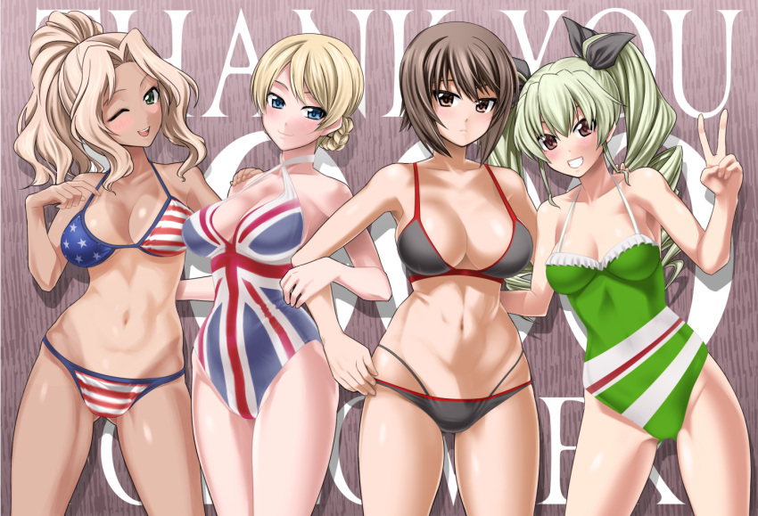 4girls ;d adjusting_bow alternate_hairstyle american_flag american_flag_bikini anchovy_(girls_und_panzer) arm_around_back ass_visible_through_thighs background_text bangs bikini black_bikini_bottom black_ribbon blonde_hair blue_eyes blush bow braid breasts brown_eyes brown_hair closed_mouth commentary_request covered_navel criss-cross_halter darjeeling_(girls_und_panzer) drill_hair flag_print followers frown girls_und_panzer green_hair green_swimsuit grin hair_intakes hair_ribbon hair_up halterneck hand_on_another's_shoulder head_tilt kay_(girls_und_panzer) large_breasts leaning_to_the_side locked_arms long_hair looking_at_viewer medium_breasts multi-strapped_bikini multiple_girls navel nishizumi_maho one-piece_swimsuit one_eye_closed open_mouth partial_commentary print_bikini print_swimsuit red_eyes ribbon saitou_gabio short_hair skindentation smile standing swimsuit tan tanline thank_you tied_hair trait_connection twin_drills twintails union_jack_bikini v