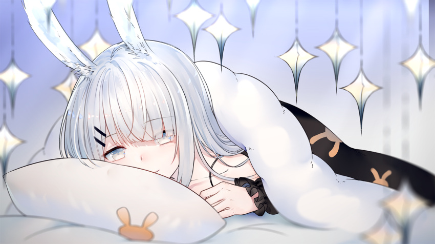 1girl animal_ears arknights bangs blanket commentary_request eyebrows_visible_through_hair frostnova_(arknights) grey_eyes highres long_hair looking_at_viewer ookamisama pillow rabbit_ears sidelocks silver_hair smile solo spaghetti_strap under_covers