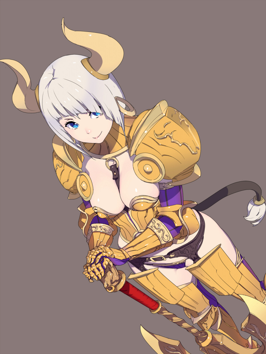 1girl armor axe battle_axe bikini_armor blue_eyes breasts closed_mouth cow_girl dutch_angle earrings elbow_gloves feet_out_of_frame garter_belt gauntlets gloves grey_background grey_hair hands_on_hilt highres hisho_collection hoop_earrings horns jewelry large_breasts looking_at_viewer metal_boots nagisa_kurousagi pauldrons purple_gloves purple_legwear simple_background smile solo standing tail thigh-highs weapon