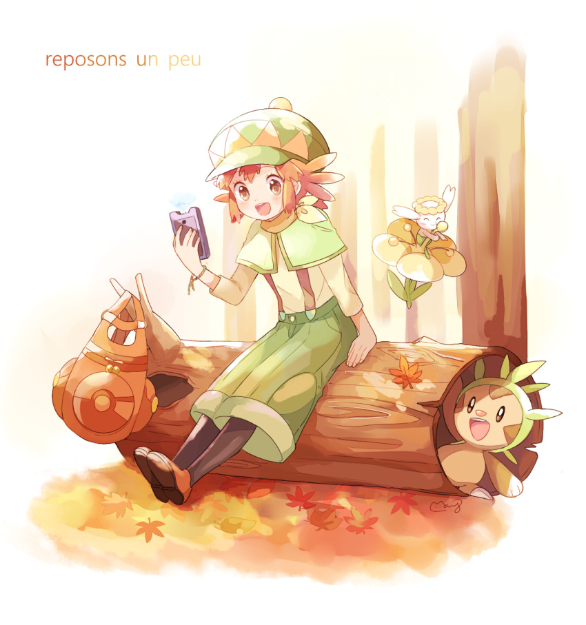 1girl :d ^_^ autumn_leaves backpack bag chespin child closed_eyes creature flabebe french_text full_body gen_6_pokemon green_headwear happy highres holding log manon_(pokemon) mei_(maysroom) open_mouth outdoors pokemon pokemon_(anime) pokemon_(creature) pokemon_xy_(anime) shoes short_hair sidelocks sitting sitting_on_object smile suspenders translation_request