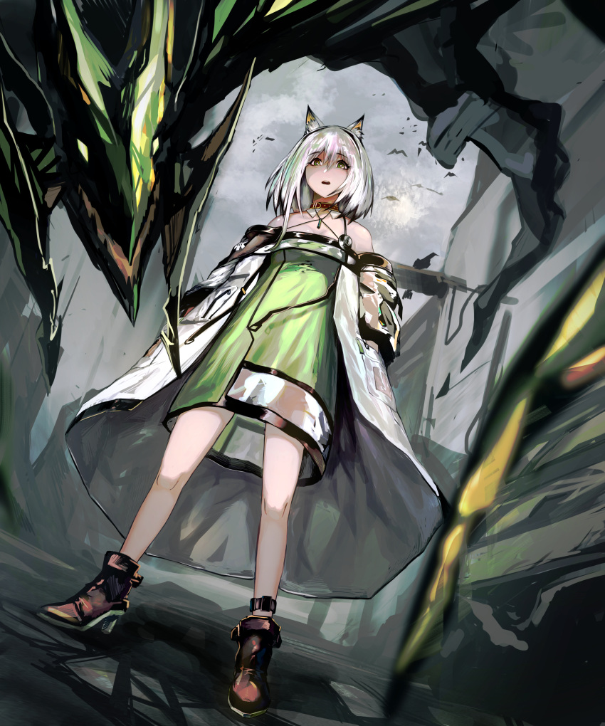 1girl 1other absurdres animal_ears arknights boots cat_ears chinese_commentary commentary_request crowd dragon eyebrows_visible_through_hair hands_in_pockets highres kal'tsit labcoat main0567 strapless summon white_hair