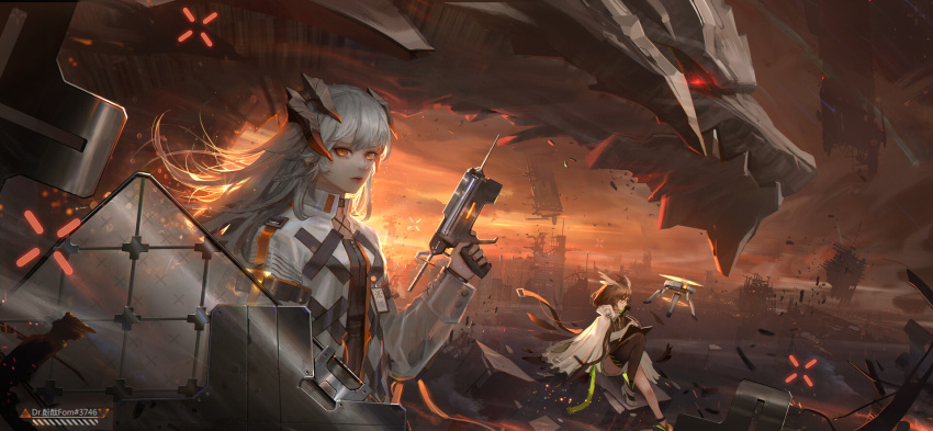 2girls arknights brown_hair building cityscape clouds dragon drone fom_(lifotai) highres horns lips looking_at_viewer medium_hairsitting multiple_girls orange_eyes pale_skin saria_(arknights) scenery shieldweapon silence_(arknights) single_thighhigh sky skyscraper sunset thigh-highs white_hair wind witch