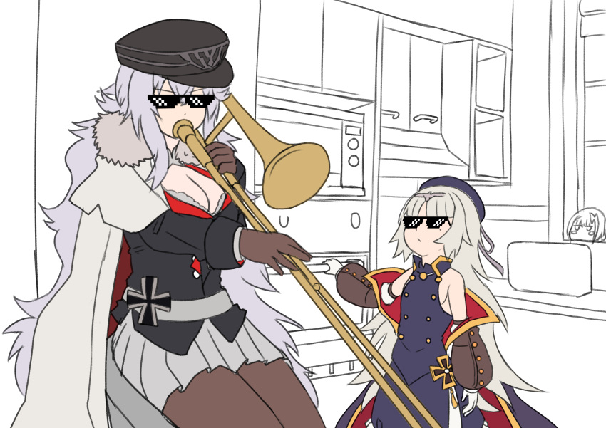 2girls absurdres azur_lane deal_with_it graf_zeppelin_(azur_lane) hat highres instrument iron_cross matsunaga_maguro meme military military_hat military_uniform multiple_girls oven trombone uniform when_mama_isn't_home z46_(azur_lane)