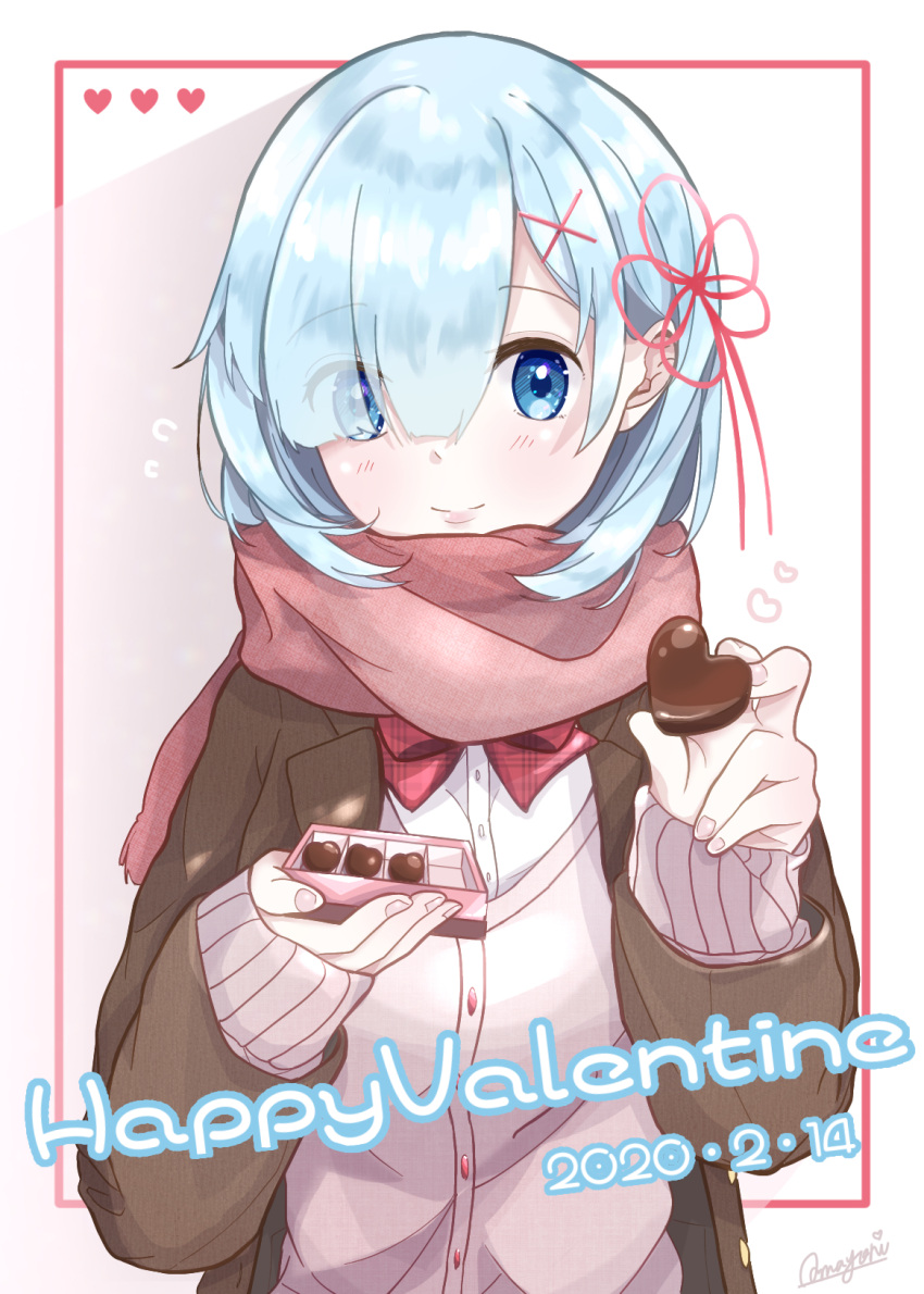 1girl artist_request bangs blue_eyes blue_hair blush breasts candy chocolate chocolate_heart commentary_request dated eyebrows_visible_through_hair eyes_visible_through_hair food hair_ornament hair_over_one_eye hair_ribbon happy_valentine heart heart_print highres looking_at_viewer pink_ribbon re:zero_kara_hajimeru_isekai_seikatsu rem_(re:zero) ribbon short_hair solo uniform valentine x_hair_ornament