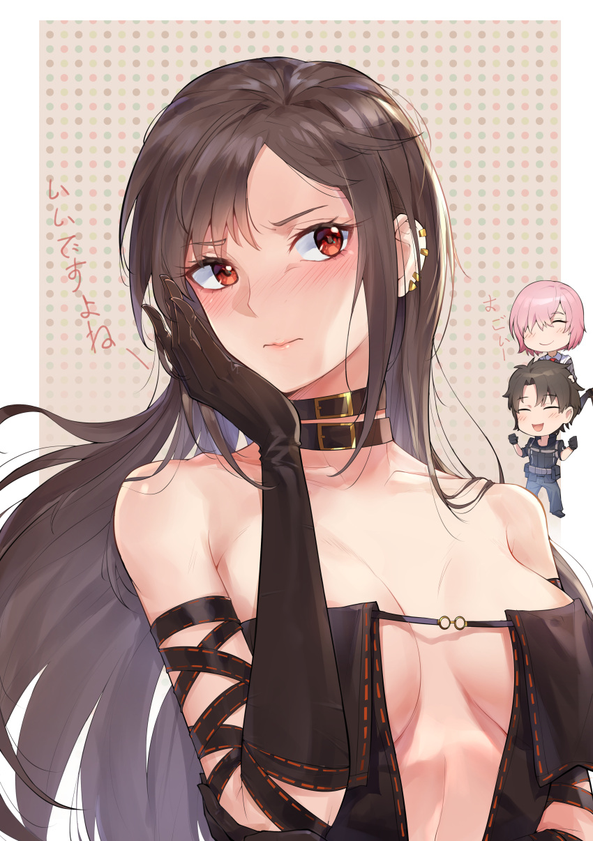 1boy 2girls absurdres bangs bare_shoulders black_dress black_gloves blush breasts brown_hair center_opening closed_mouth consort_yu_(fate) dress earrings elbow_gloves fate/grand_order fate_(series) fujimaru_ritsuka_(male) gloves highres jewelry kaer_sasi_dianxia long_hair looking_at_viewer mash_kyrielight medium_breasts multiple_earrings multiple_girls red_eyes revealing_clothes solo strapless strapless_dress very_long_hair