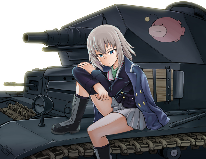 1girl alternate_costume anglerfish backlighting bangs black_footwear black_legwear blue_coat blue_eyes blue_jacket boots closed_mouth commentary_request elbow_on_knee emblem frown girls_und_panzer green_shirt ground_vehicle highres itsumi_erika jacket jacket_on_shoulders leaning_forward leg_hug leg_up long_sleeves looking_at_viewer medium_hair military military_uniform military_vehicle miniskirt motor_vehicle ooarai_military_uniform ooarai_school_uniform panzerkampfwagen_iv partial_commentary pleated_skirt revision school_uniform shirt silver_hair simple_background sitting skirt socks solo sutahiro_(donta) tank uniform white_background white_skirt zipper