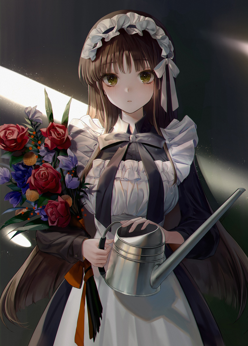 1girl apron bangs black_dress black_neckwear blue_flower blush bouquet breasts brown_hair closed_mouth dress eyebrows_visible_through_hair flower frilled_apron frills green_eyes hair_ribbon highres holding long_hair long_sleeves maid maid_headdress minncn original red_flower red_rose ribbon rose solo watering_can white_apron white_flower white_ribbon yellow_flower
