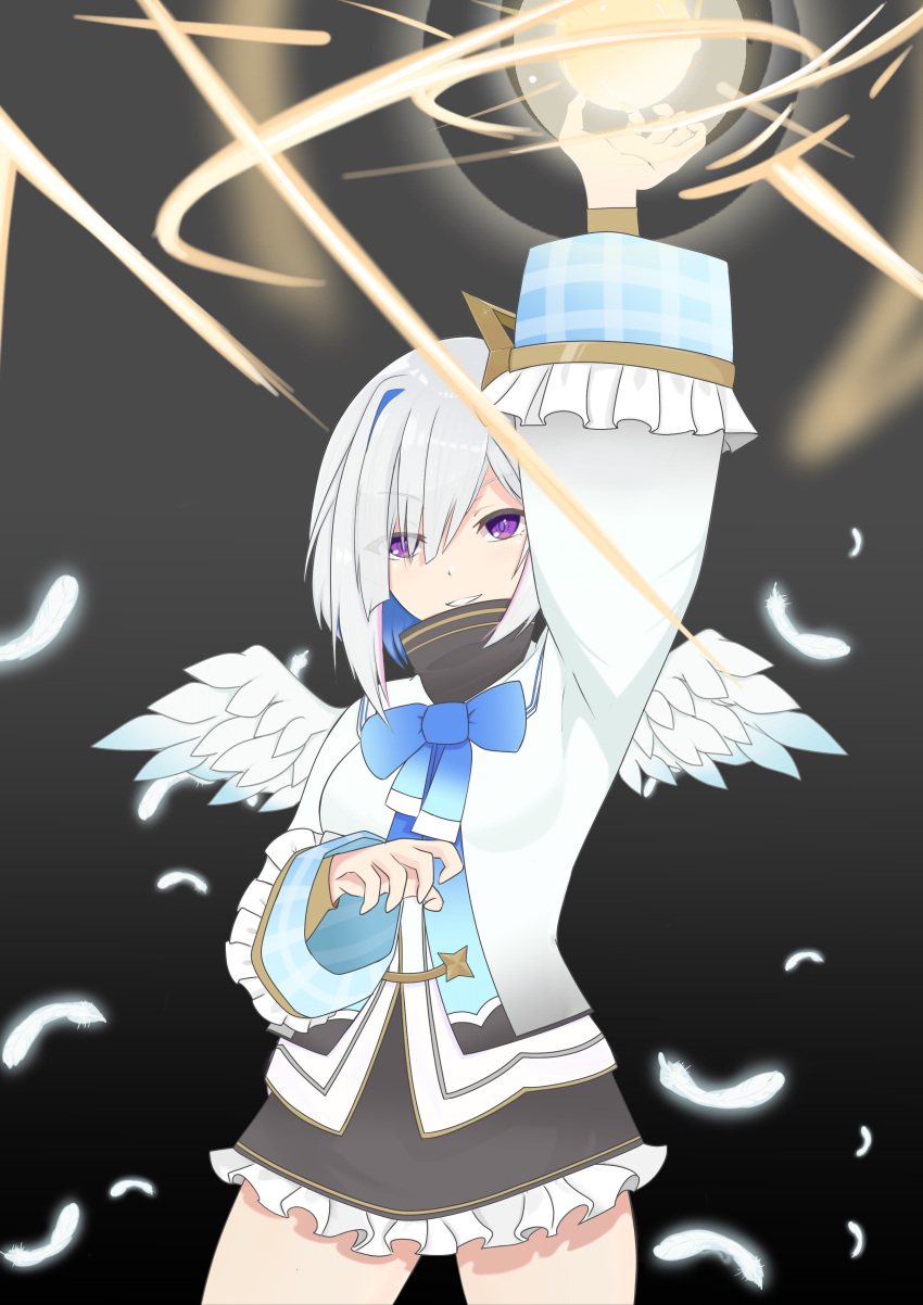 absurdres amane_kanata angel angel_wings arm_up black_background commentary_request feathers highres hololive looking_at_viewer magic school_uniform short_hair silver_hair simple_background violet_eyes virtual_youtuber wings