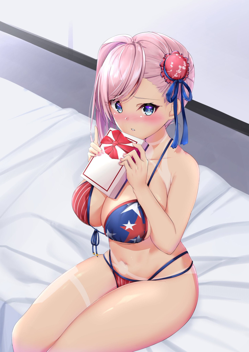 1girl american_flag_bikini asymmetrical_hair bangs bikini blue_eyes breasts bun_cover commentary_request fate/grand_order fate_(series) flag_print front-tie_bikini front-tie_top hair_bun highres holding indoors large_breasts long_hair miyamoto_musashi_(fate/grand_order) miyamoto_musashi_(swimsuit_berserker)_(fate) namaponpon_00 navel pink_hair print_swimsuit side_bun single_hair_intake single_sidelock sitting solo swept_bangs swimsuit tan tanline valentine