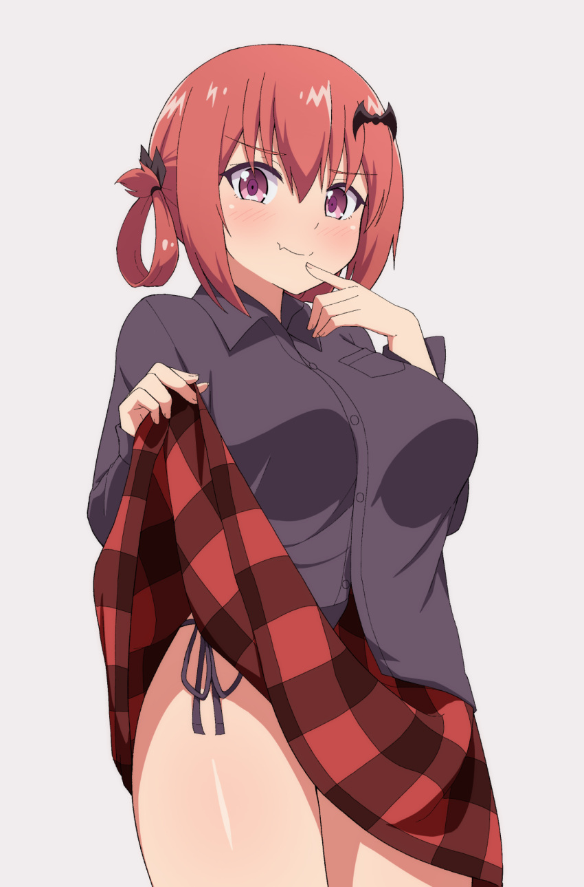 1girl bat_hair_ornament black_panties black_shirt blush collared_shirt cowboy_shot dress_shirt eyebrows_visible_through_hair fang finger_to_mouth gabriel_dropout hair_ornament hair_rings highres kurumizawa_satanichia_mcdowell lifted_by_self long_hair long_sleeves looking_at_viewer miniskirt nyaroon panties plaid plaid_skirt pleated_skirt red_skirt redhead shirt side-tie_panties simple_background skirt skirt_lift smile smug solo underwear violet_eyes white_background