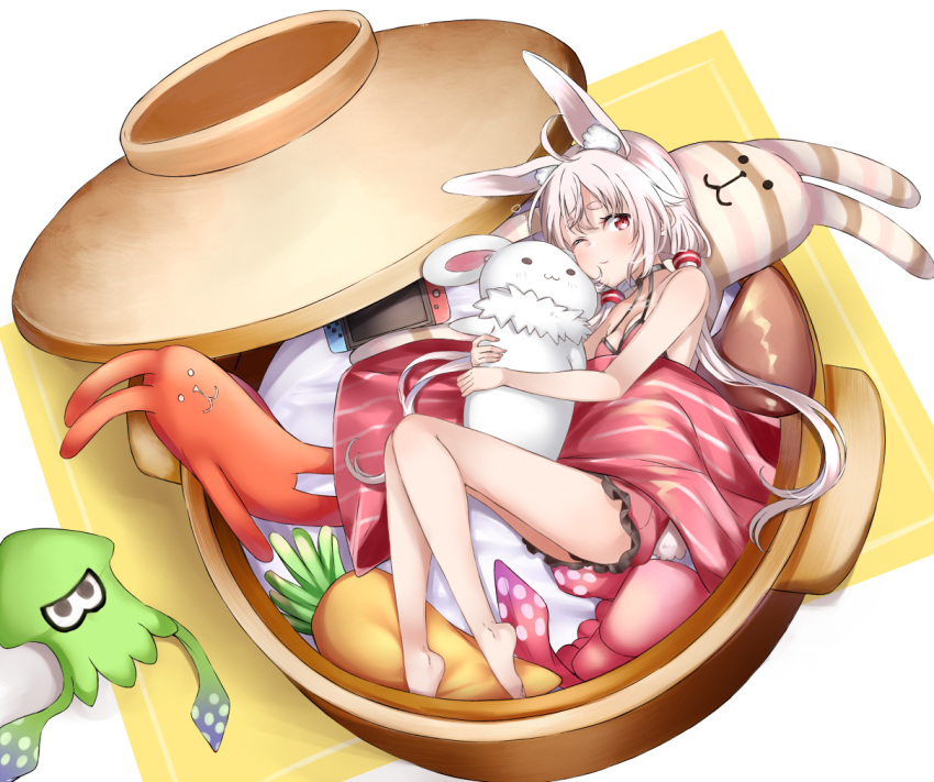 1girl animal_ear_fluff animal_ears bangs bare_shoulders blush bunny_girl bunny_tail closed_mouth commentary_request dress eyebrows_visible_through_hair frilled_dress frills hair_ornament in_container long_hair low_twintails lying mashiro_aa nintendo_switch object_hug on_side one_eye_closed rabbit_ears red_dress red_eyes sleeveless sleeveless_dress solo splatoon_(series) splatoon_1 stuffed_animal stuffed_bunny stuffed_carrot stuffed_octopus stuffed_toy tail thick_eyebrows tomari_mari tomari_mari_channel twintails two-tone_background very_long_hair virtual_youtuber white_background white_hair yellow_background