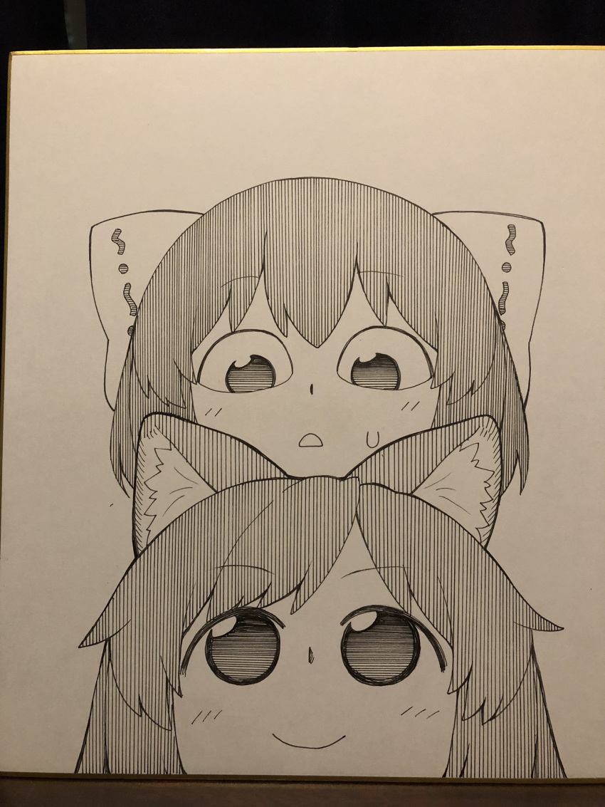 animal_ear_fluff animal_ears bow closed_mouth eyebrows_visible_through_hair greyscale hair_bow highres imaizumi_kagerou looking_at_another looking_down looking_up marker_(medium) monochrome parted_lips photo poronegi sekibanki short_hair smile sweatdrop touhou traditional_media wolf_ears younger